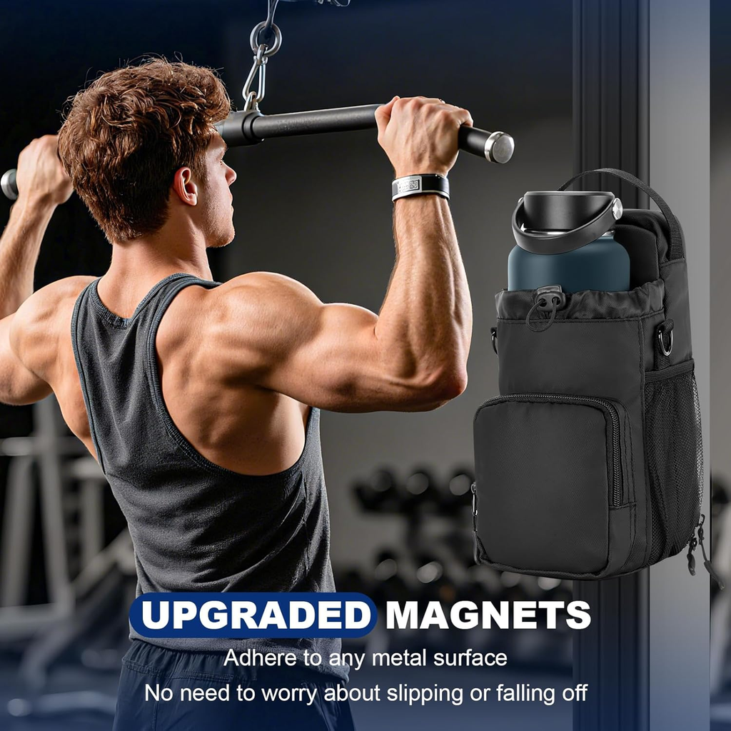 Magnetic Gym Bag Water Bottle Holder with Strap for Men and Women (Black)