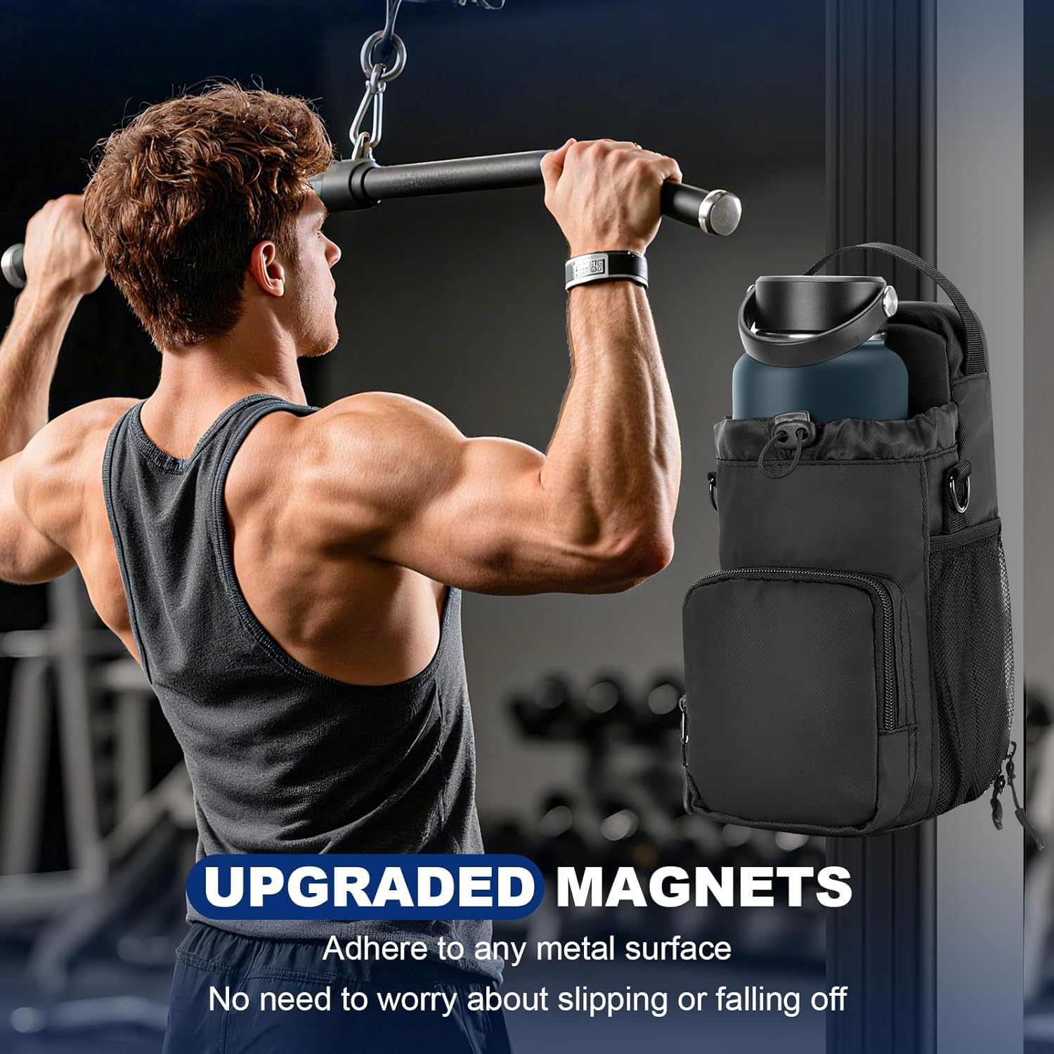 Magnetic Gym Bag Water Bottle Holder with Strap for Men and Women (Black)